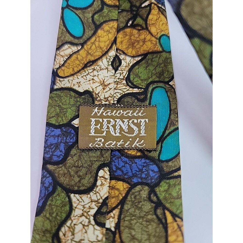 Hawaii Ernst Batik Floral Necktie Skinny Tie Blue Green Gold Abstract Flower - Picture 10 of 10